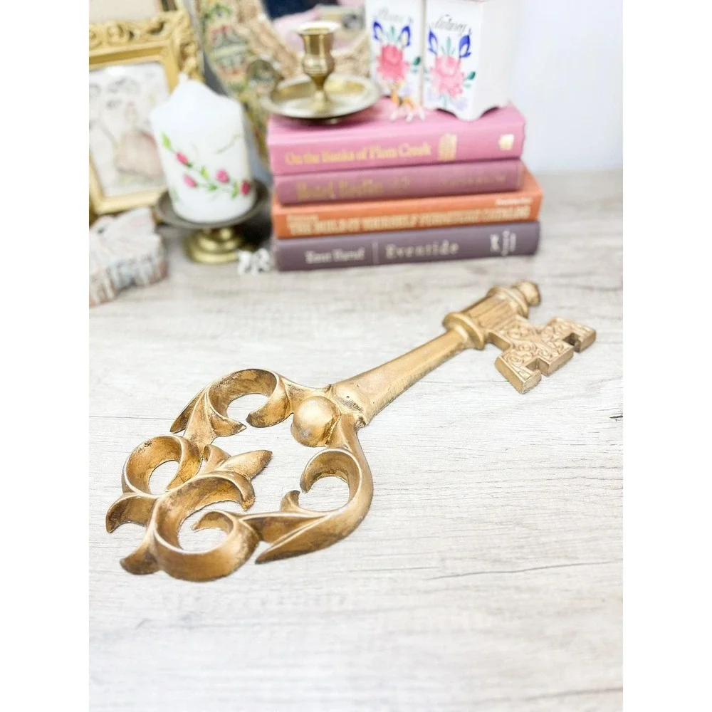 Heavy Faux Brass Ornate Gold Key - Cast Iron Wall Decor